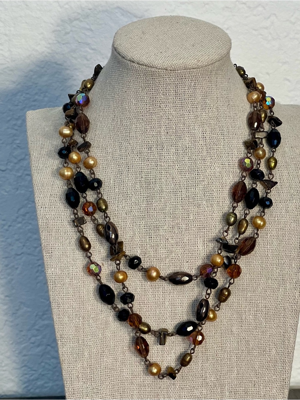 Vintage Boho Multi-Strand Statement Necklace Amber Brown Glass Beads Bronze Tone
